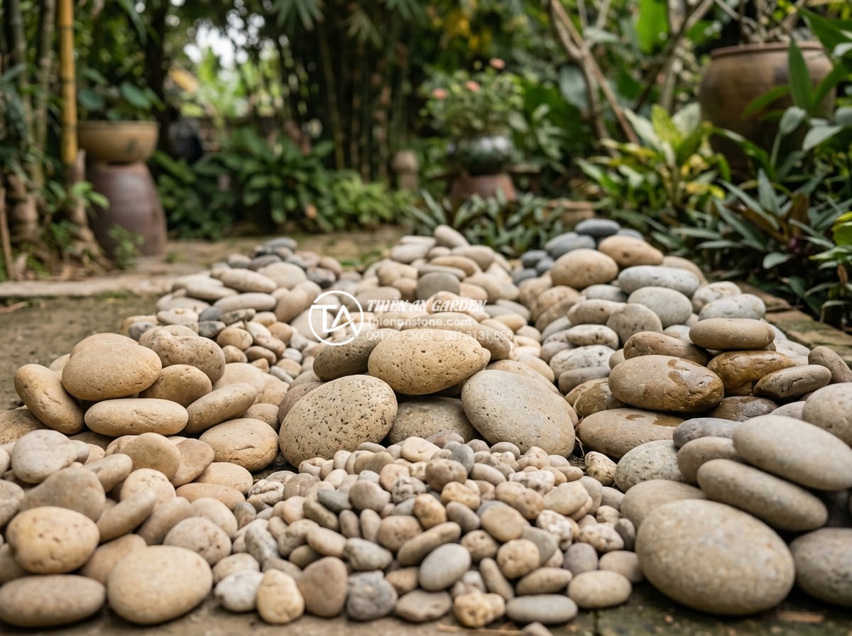 Checklist vật liệu cần chuẩn bị khi làm tiểu cảnh sân vườn đá tự nhiên - Collection of different natural stones like granite slabs, basalt rocks, and mar