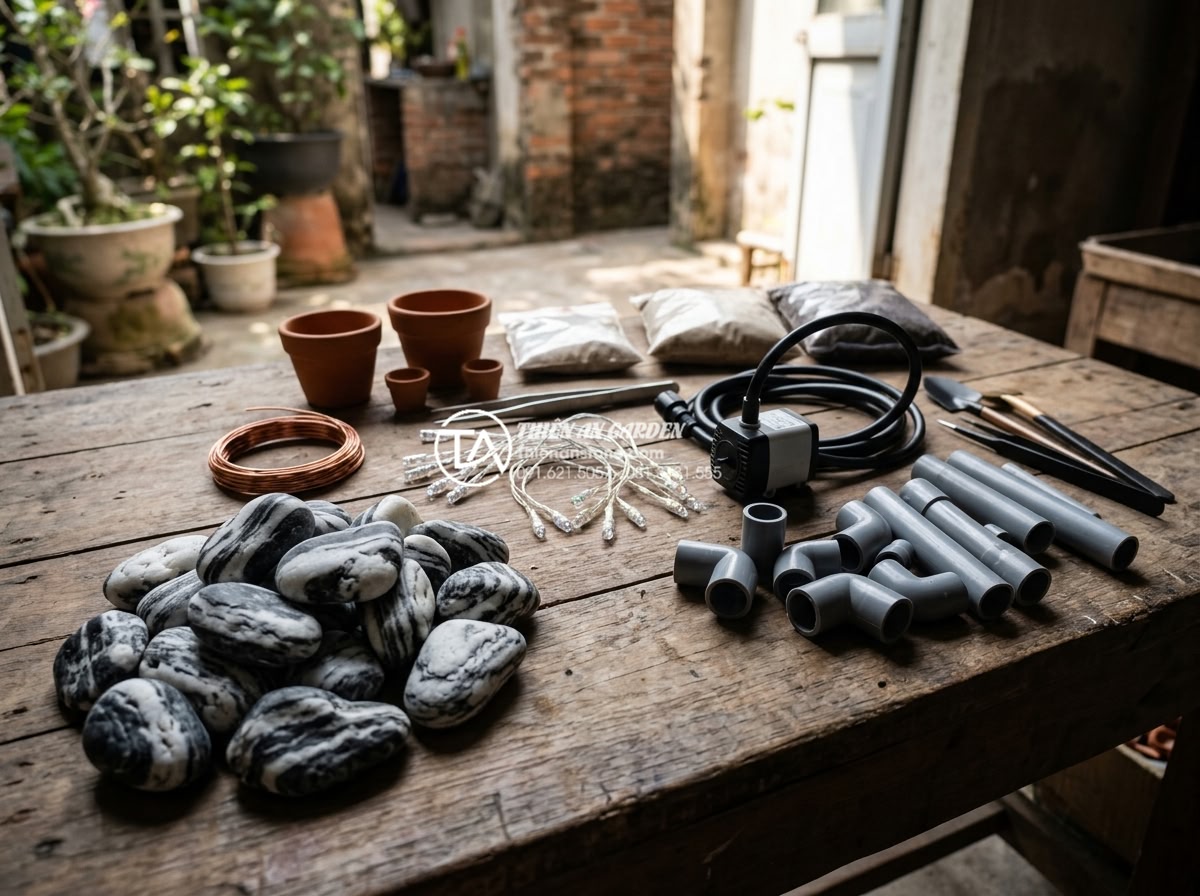 Checklist vật liệu cần chuẩn bị khi làm tiểu cảnh sân vườn đá tự nhiên - Assortment of garden miniature accessories including LED lights, water pumps, dr