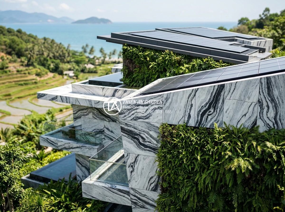 Đá tuyết sơn đen trắng: Vẻ đẹp đối lập tạo nên đẳng cấp không gian - Futuristic sustainable luxury resort exterior featuring extensive use of black a