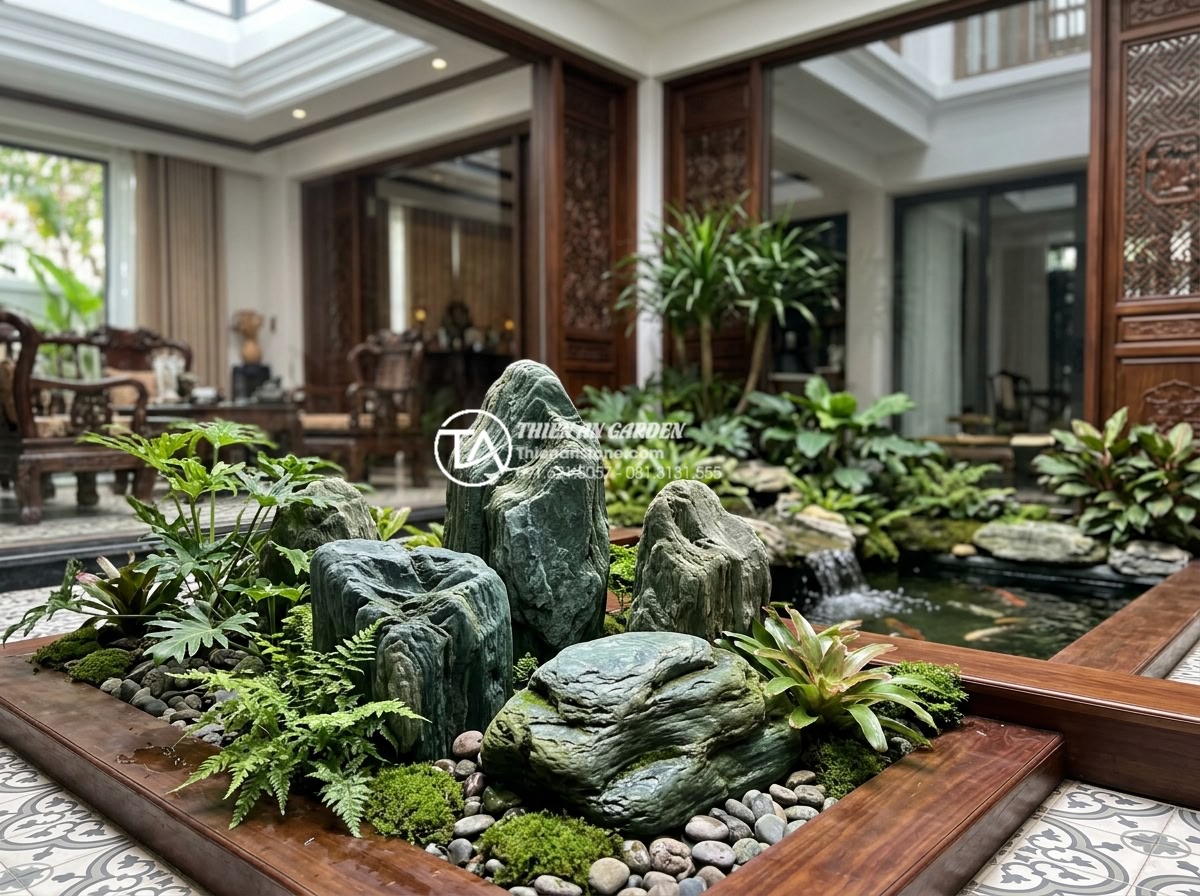 Giải pháp tiểu cảnh sân vườn trong nhà cho nhà phố và nhà ống - Handcrafted stone art pieces displayed in elegant indoor courtyard setting with 
