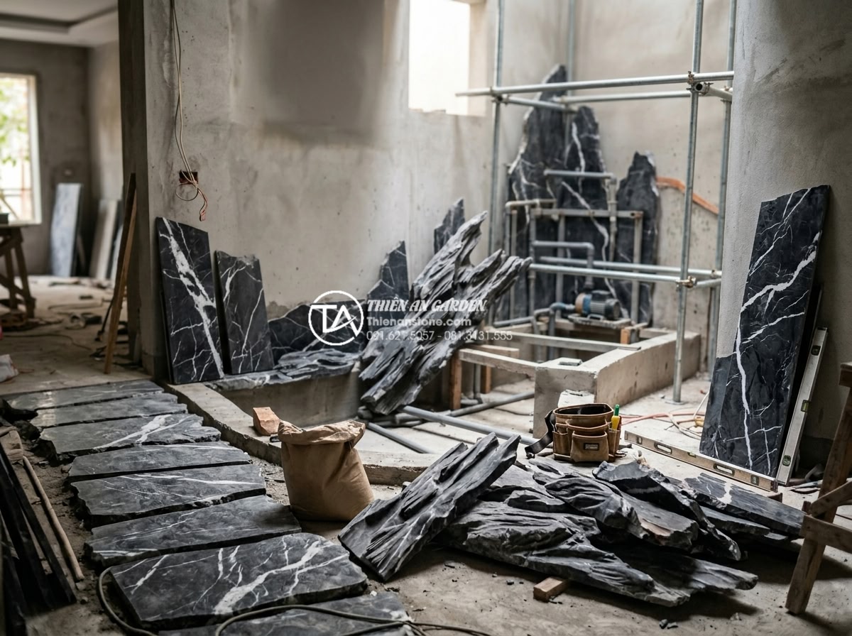 Giải pháp tiểu cảnh sân vườn trong nhà cho nhà phố và nhà ống - Professional construction process of indoor stone garden in progress, workers in