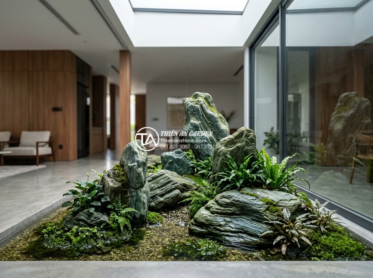 Giải pháp tiểu cảnh sân vườn trong nhà cho nhà phố và nhà ống - Real-life completed indoor garden project featuring premium natural stones and a