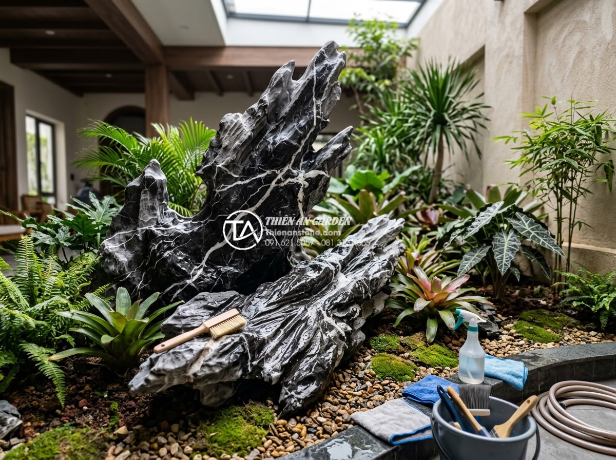 Giải pháp tiểu cảnh sân vườn trong nhà cho nhà phố và nhà ống - Maintenance process showing cleaning of natural stone features in an indoor gard