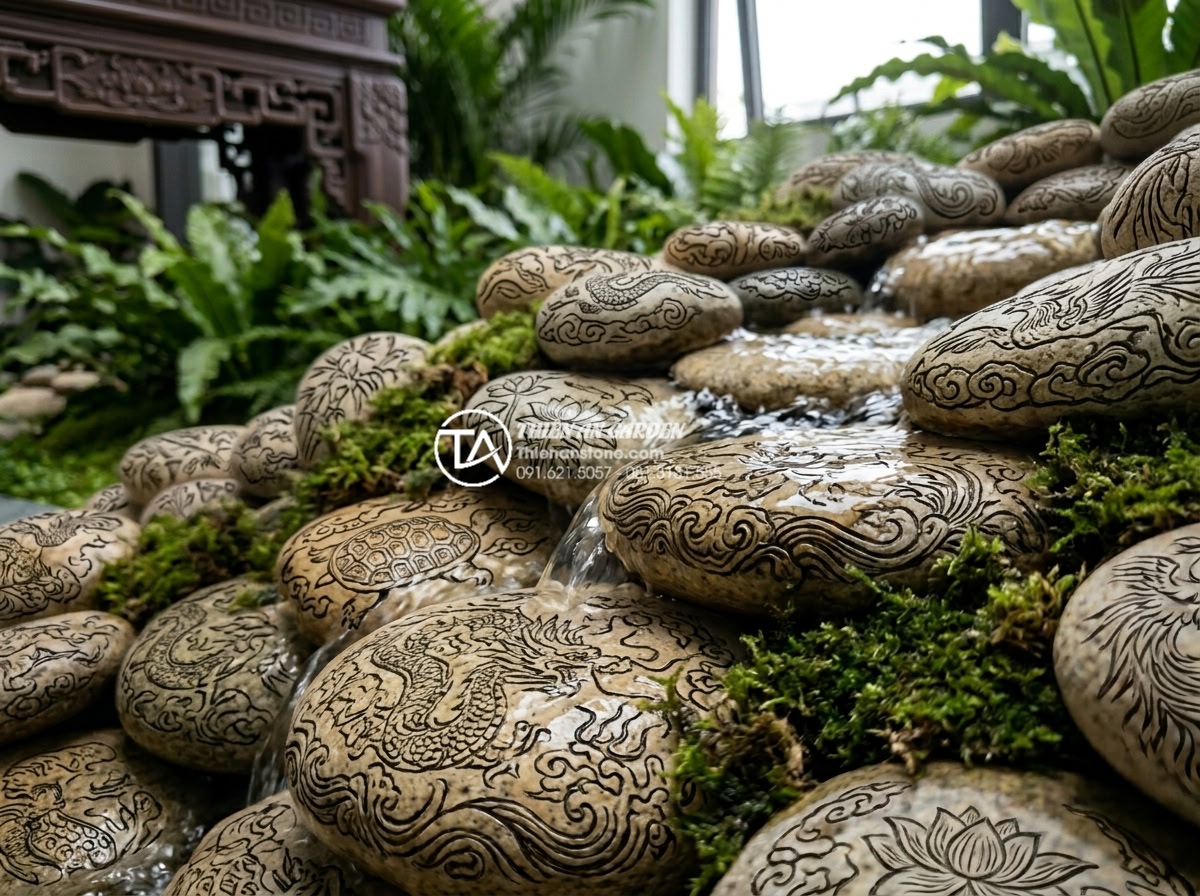 Giải pháp tiểu cảnh sân vườn trong nhà cho nhà phố và nhà ống - Close-up of premium natural granite stones with intricate carvings used in indoo