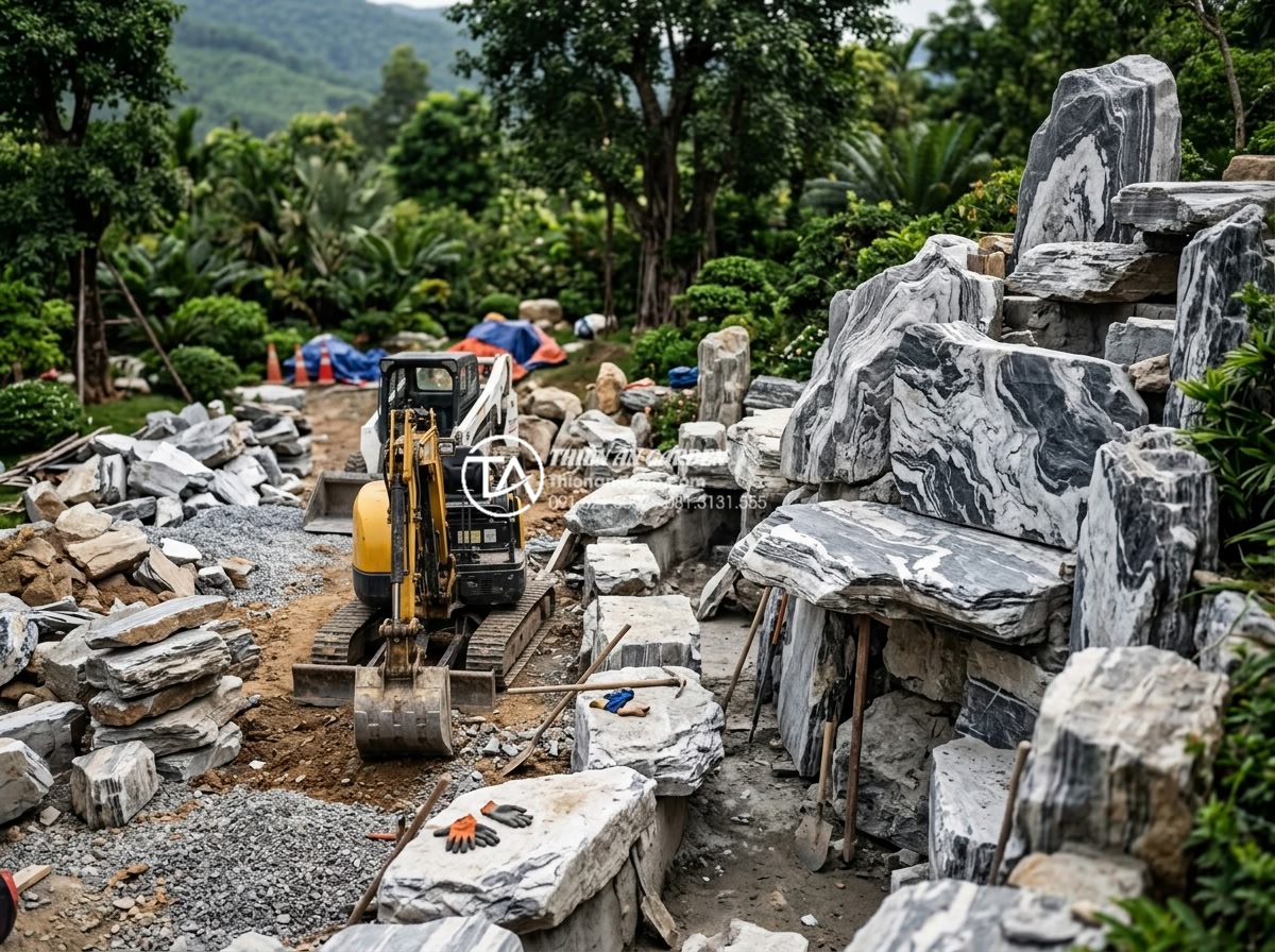 Hỏi đáp: Đá tuyết sơn có phải là đá vôi không và tính chất vật lý của nó - Construction process photo of installing Đá tuyết sơn in a large garden waterfal