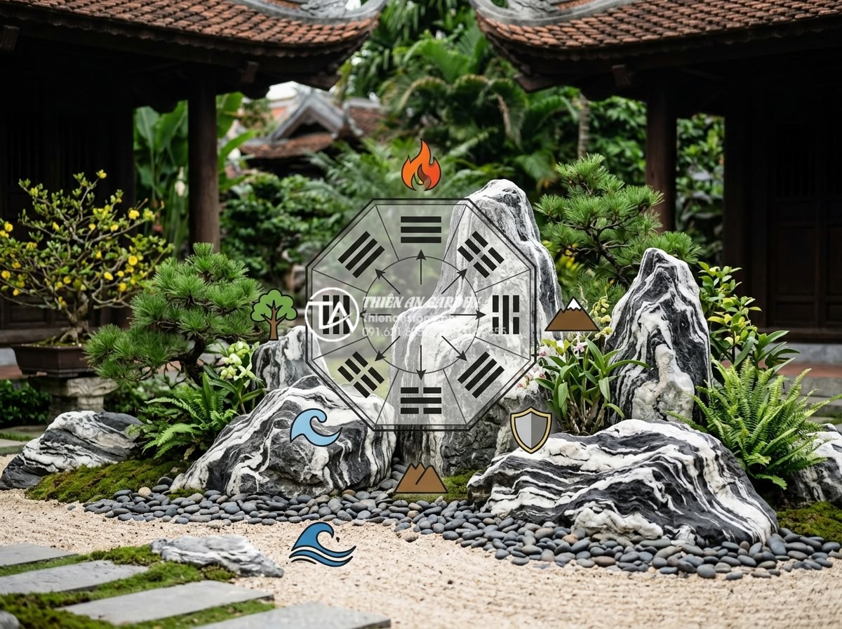 Hỏi đáp: Đá tuyết sơn có phải là đá vôi không và tính chất vật lý của nó - Feng shui arrangement of Đá tuyết sơn stones in a garden with directional compas