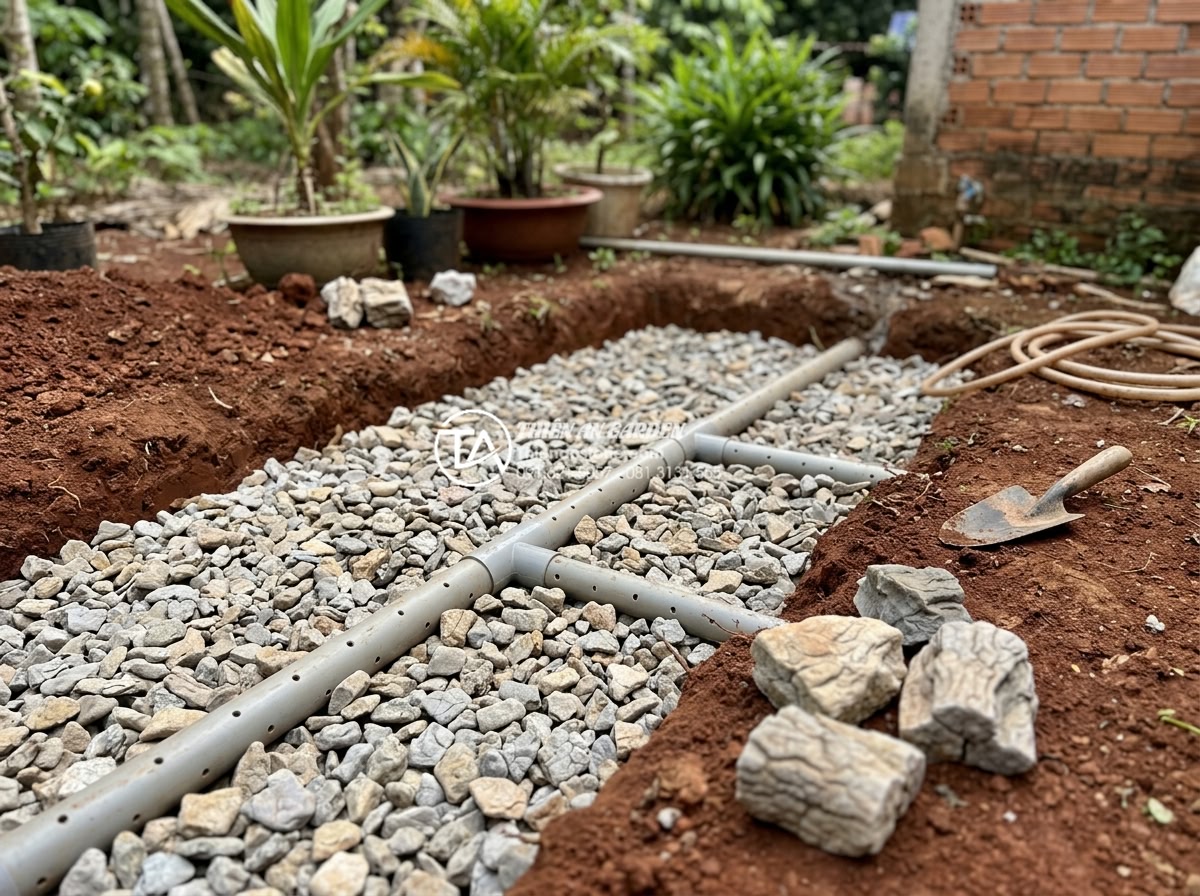 Hướng dẫn 7 bước tự làm tiểu cảnh góc sân mini tại nhà cực đơn giản - Hình 6 Hướng dẫn 7 bước tự làm tiểu cảnh góc sân mini tại nhà cực đơn giản - Construction of foundation and drainage system using gravel and pipes for mini g