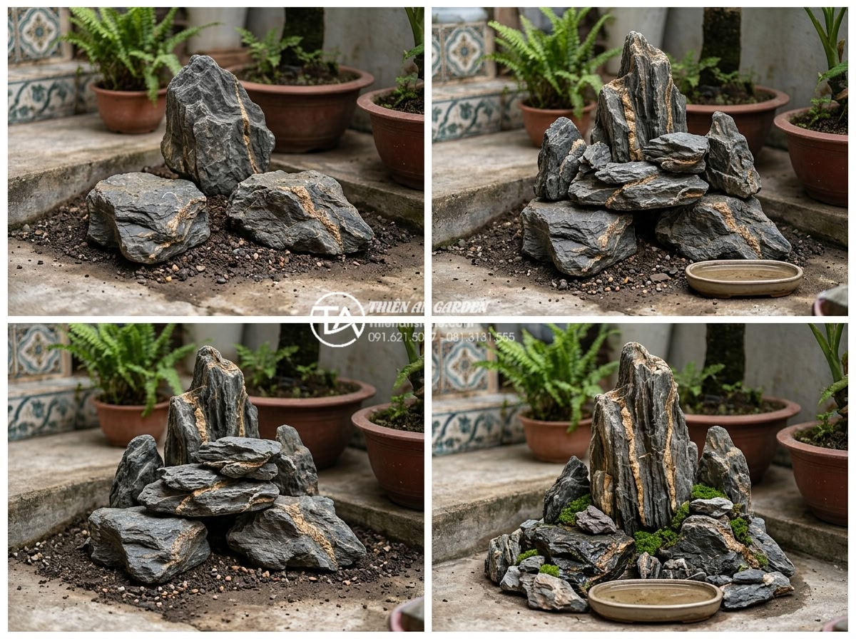Hướng dẫn 7 bước tự làm tiểu cảnh góc sân mini tại nhà cực đơn giản - Hình 7 Hướng dẫn 7 bước tự làm tiểu cảnh góc sân mini tại nhà cực đơn giản - Step-by-step stone arrangement process creating miniature rock formations in hom