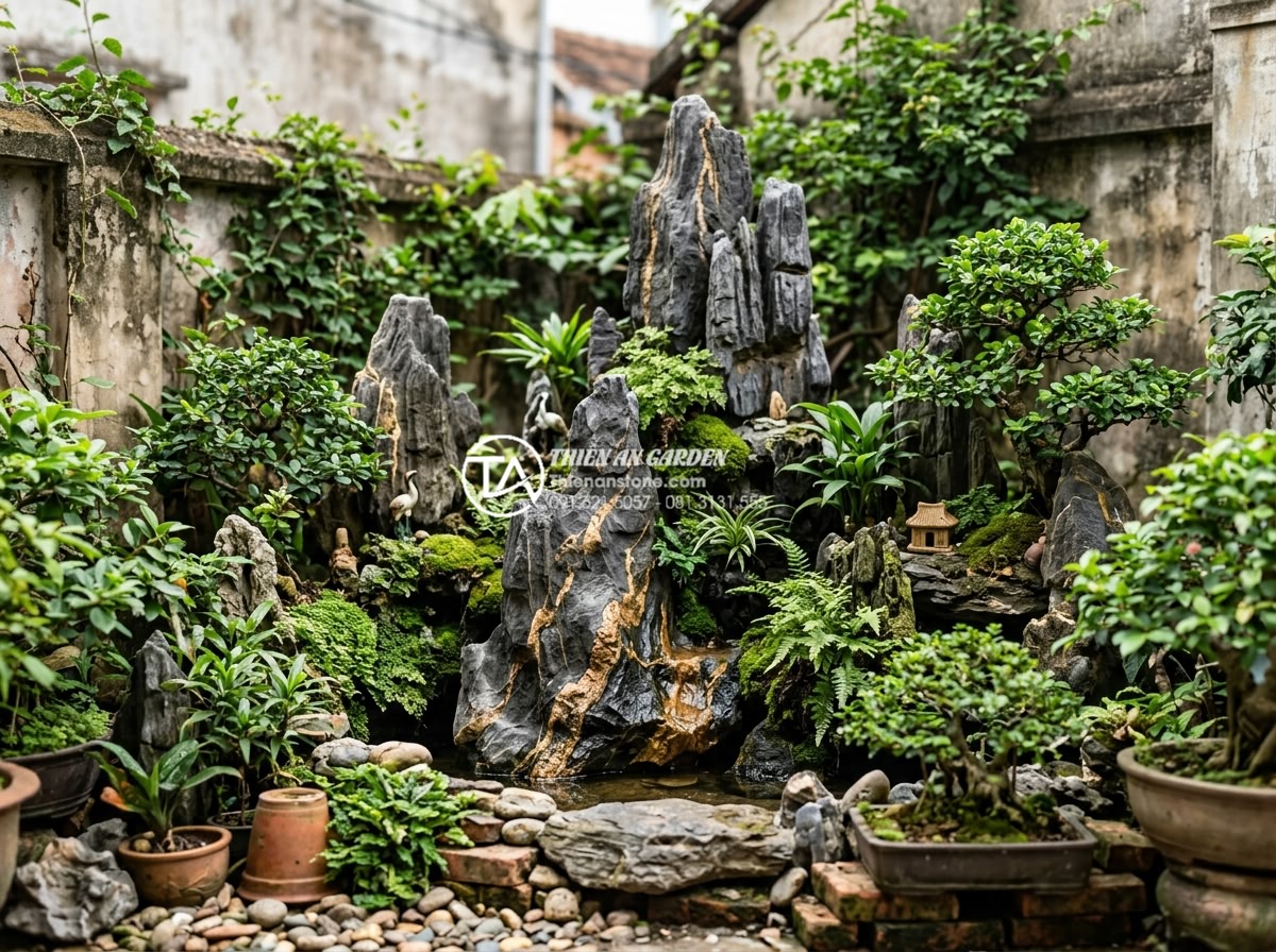 Hướng dẫn 7 bước tự làm tiểu cảnh góc sân mini tại nhà cực đơn giản - Hình 10 Hướng dẫn 7 bước tự làm tiểu cảnh góc sân mini tại nhà cực đơn giản - Long-term maintained mini garden corner with vibrant healthy plants and stones.