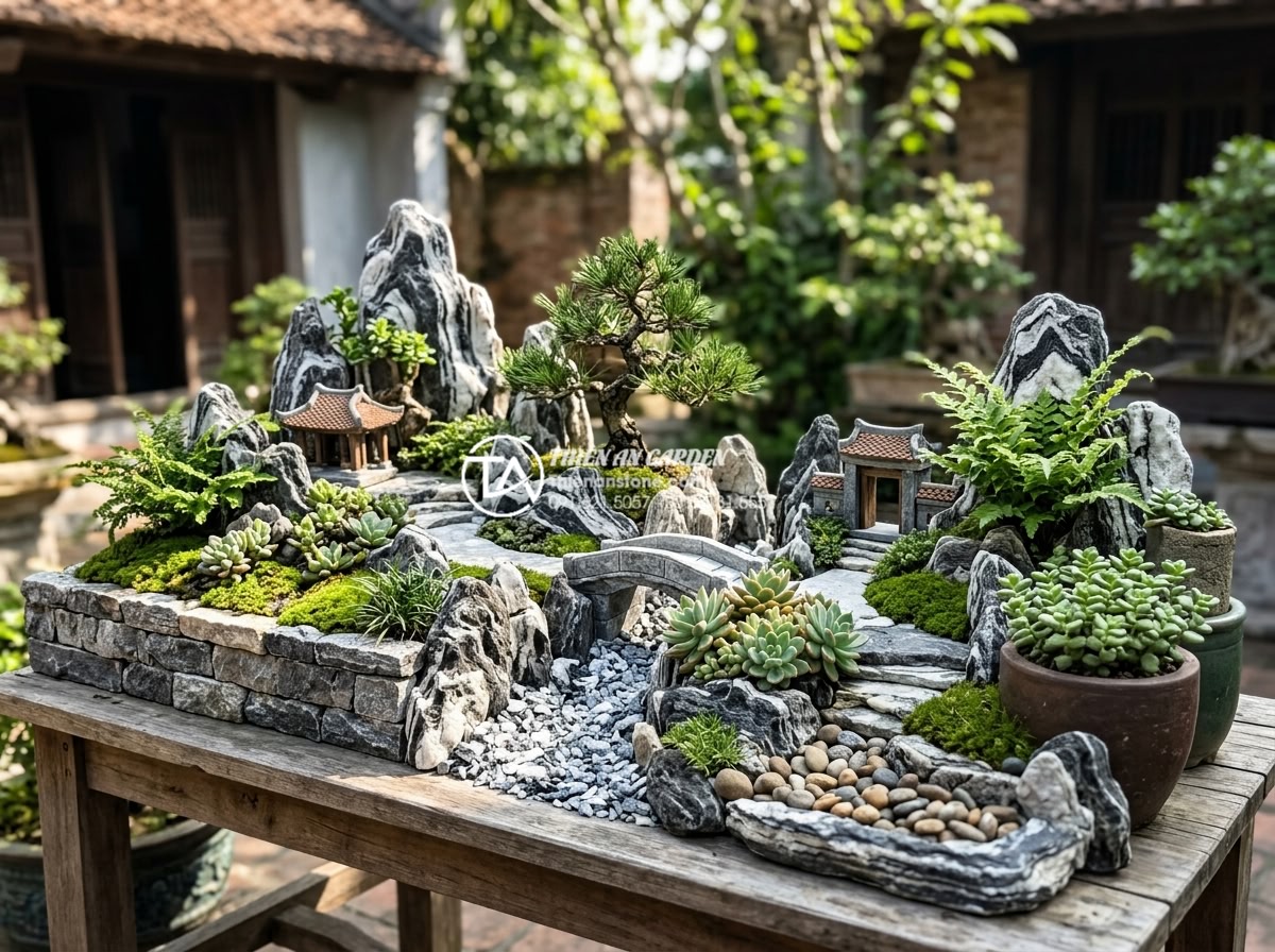 Hướng dẫn 7 bước tự làm tiểu cảnh góc sân mini tại nhà cực đơn giản - Expert tips visualization with labeled durable mini garden elements using high-q