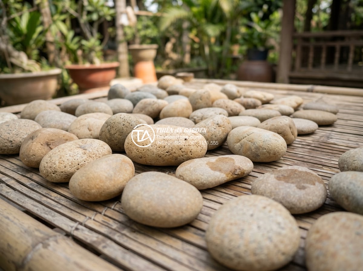 Hướng dẫn 7 bước tự làm tiểu cảnh góc sân mini tại nhà cực đơn giản - Collection of various natural stones including granite, river pebbles, basalt, a