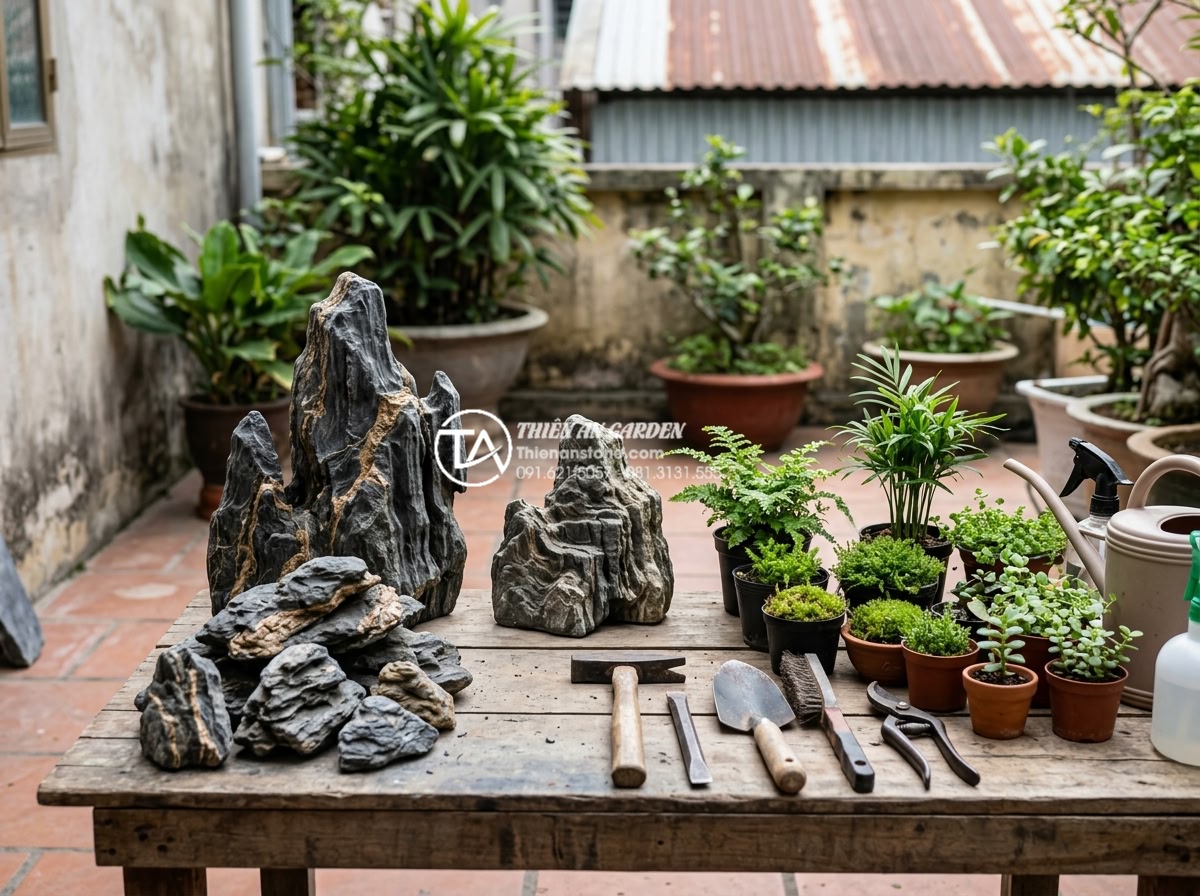 Hướng dẫn 7 bước tự làm tiểu cảnh góc sân mini tại nhà cực đơn giản - Planting process with small green plants and water feature installation around s