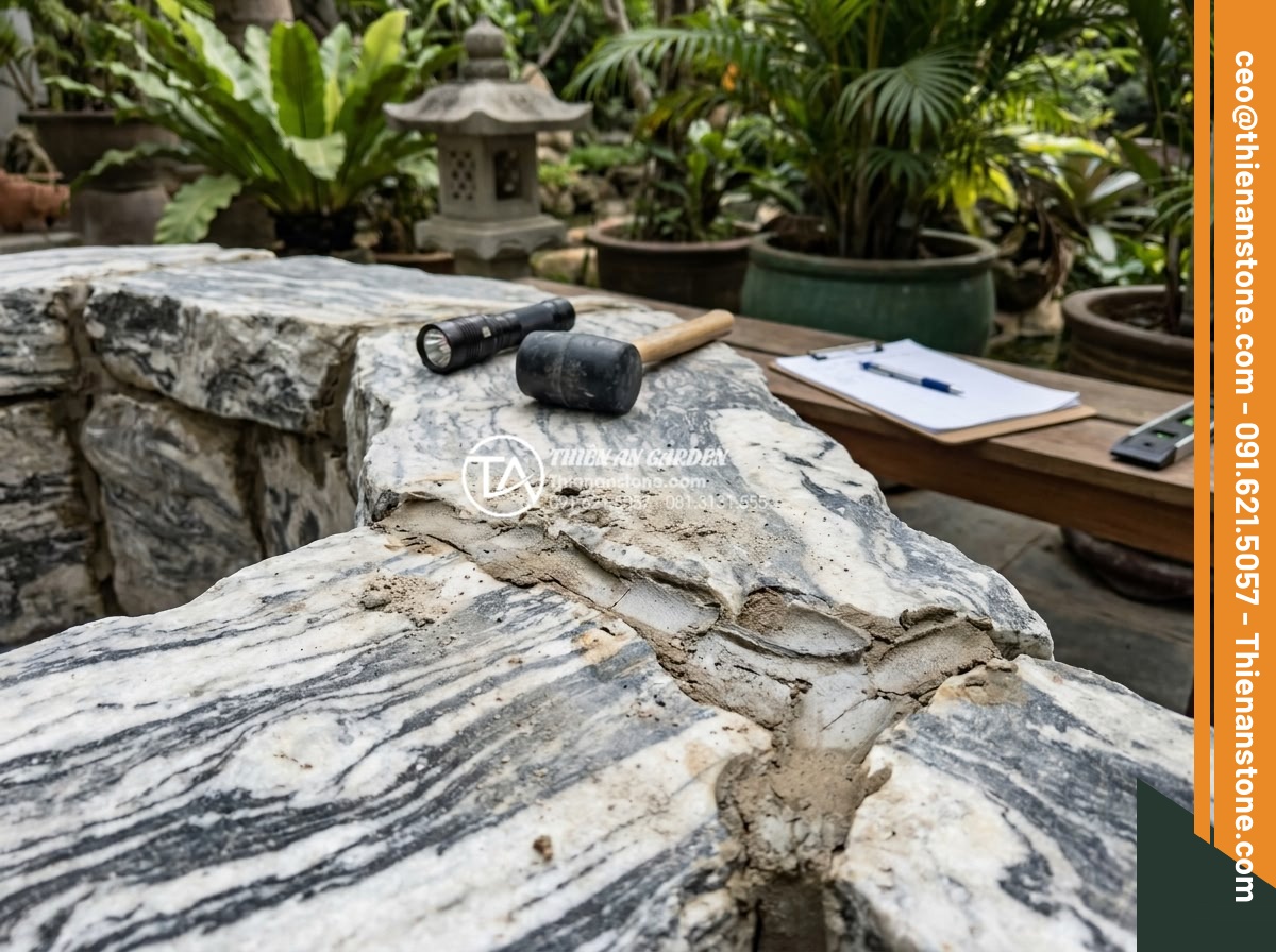 Hướng dẫn cách gắn keo và ghép đá tuyết sơn vững chãi nhất - Final inspection of cured adhesive joints on assembled tuyet son stone structure