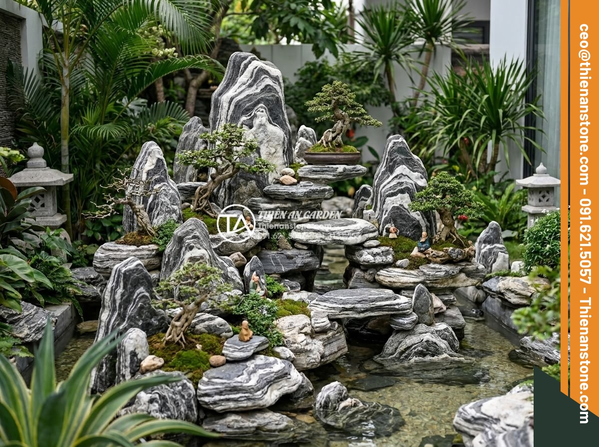 Hướng dẫn cách gắn keo và ghép đá tuyết sơn vững chãi nhất - Completed multi-level non-bo rock garden with perfectly balanced and glued tuyet