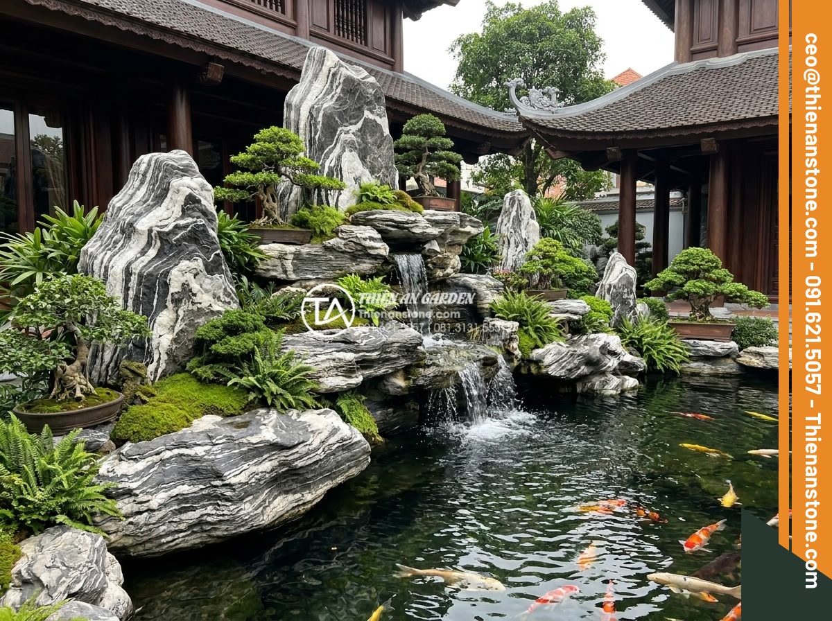 Hướng dẫn cách gắn keo và ghép đá tuyết sơn vững chãi nhất - Stunning completed non-bo rockery with large tuyet son stones at luxury villa in