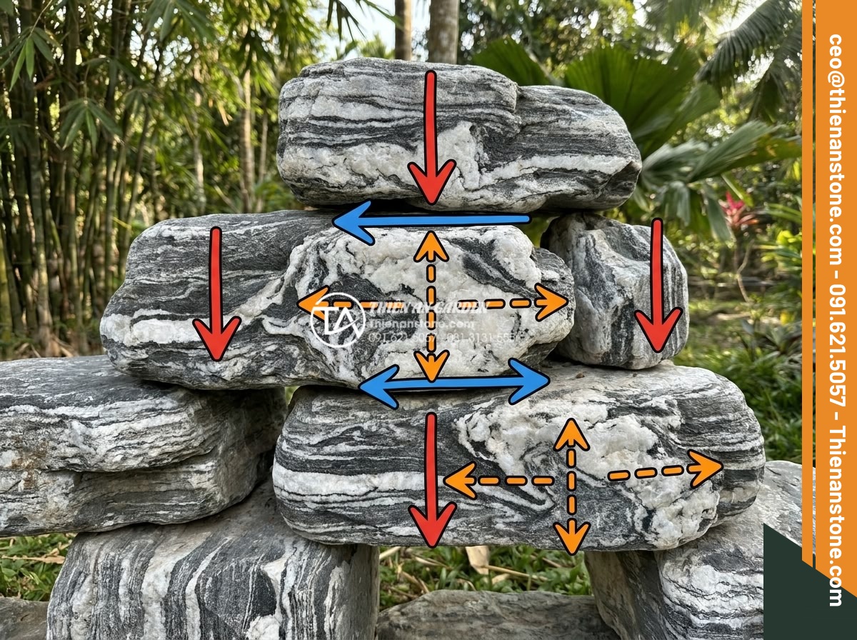Hướng dẫn cách gắn keo và ghép đá tuyết sơn vững chãi nhất - Engineering diagram showing force distribution analysis on stacked tuyet son sto