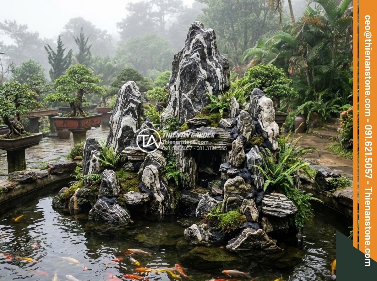 Hướng dẫn cách gắn keo và ghép đá tuyết sơn vững chãi nhất - Beautiful non-bo installation in Da Lat resort garden featuring tuyet son stones