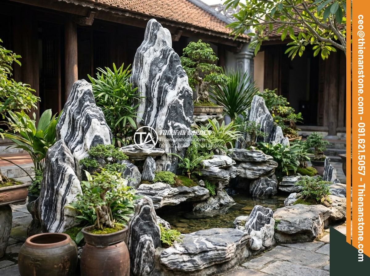 Hướng dẫn cách gắn keo và ghép đá tuyết sơn vững chãi nhất - Happy client testimonial scene at completed tuyet son non-bo garden project by T