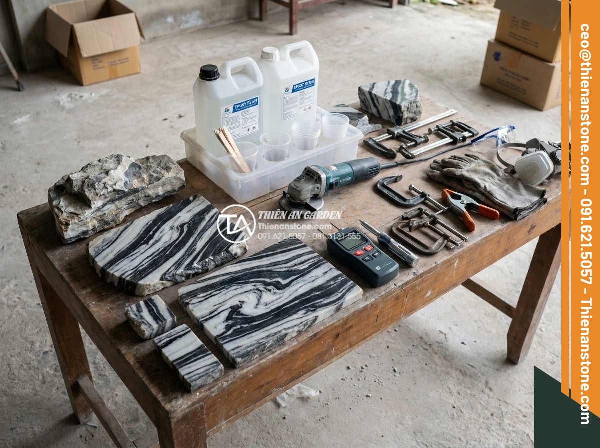 Hướng dẫn cách gắn keo và ghép đá tuyết sơn vững chãi nhất - Professional workspace setup for tuyet son stone gluing: organized tools includi