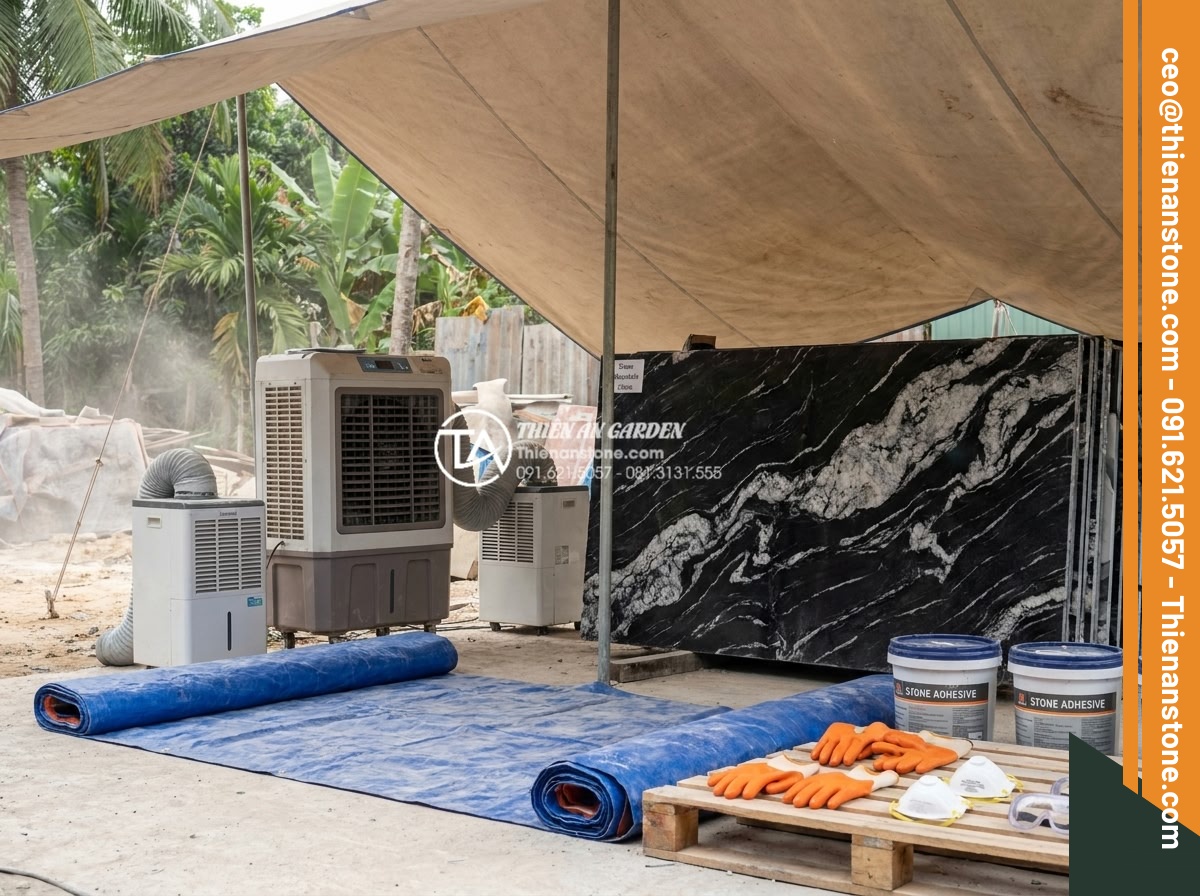 Hướng dẫn cách gắn keo và ghép đá tuyết sơn vững chãi nhất - Ideal outdoor working conditions for stone adhesive application: shaded area wit