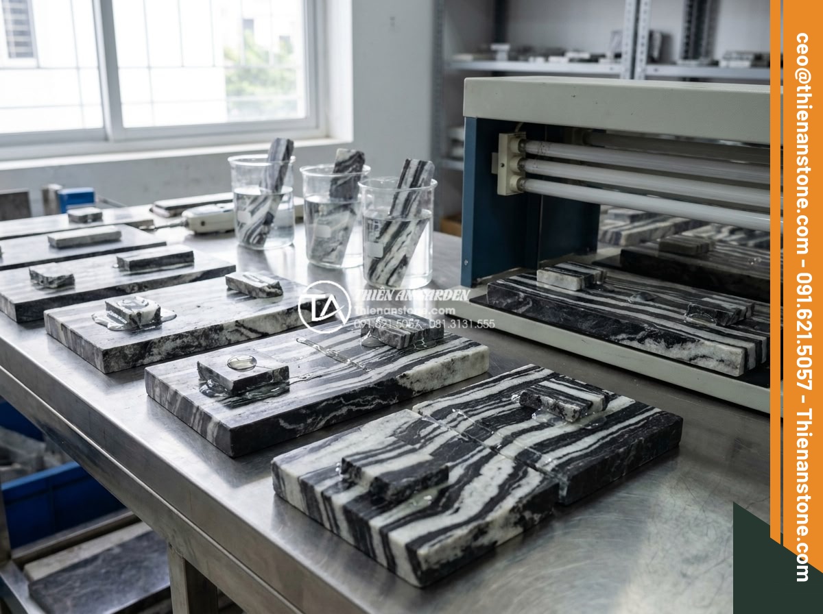 Hướng dẫn cách gắn keo và ghép đá tuyết sơn vững chãi nhất - Laboratory test comparison of different stone adhesives on tuyet son samples sho