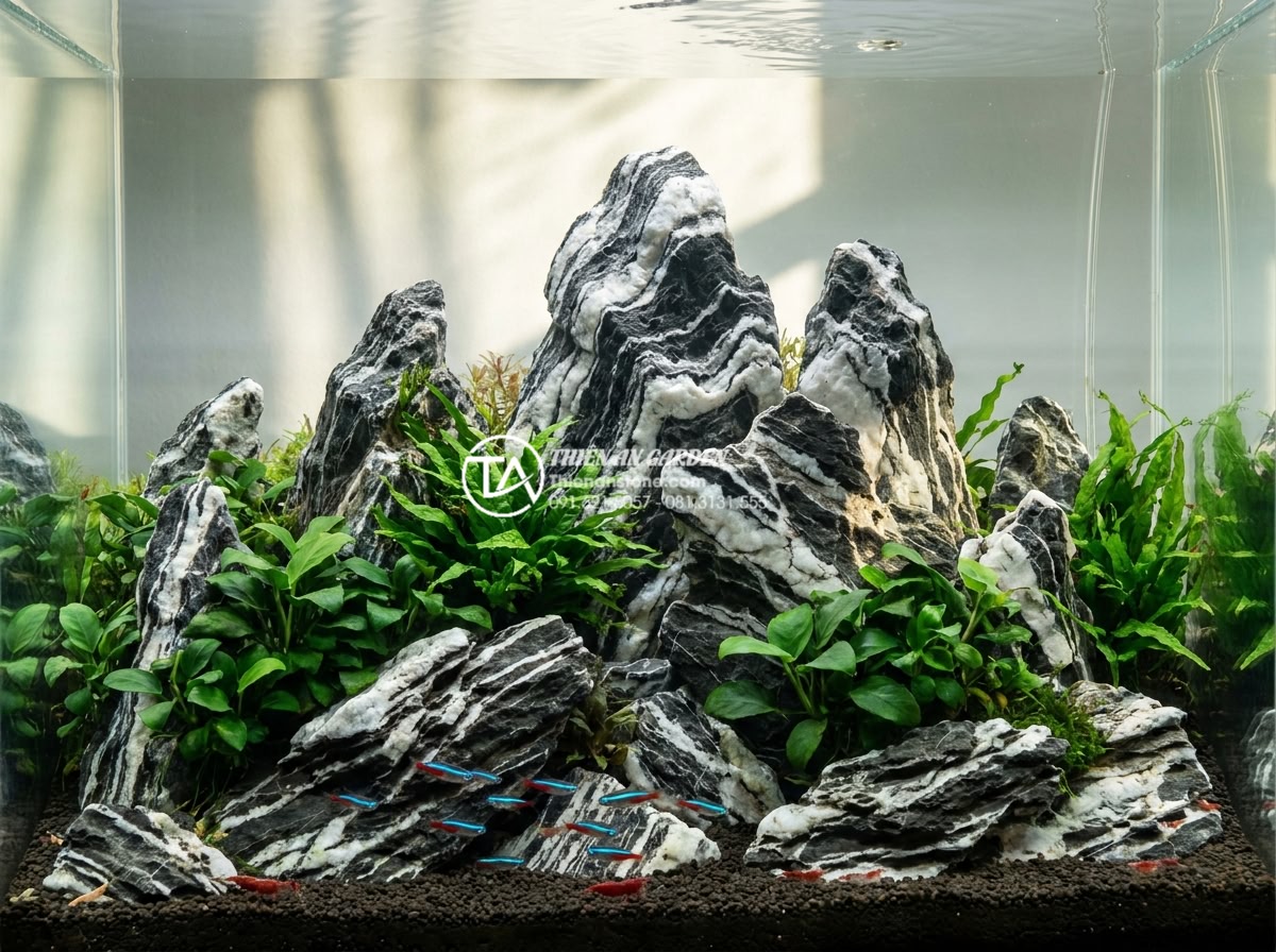 Hướng dẫn setup đá tuyết sơn thủy sinh cho bể cá chuẩn tự nhiên - Professional high-resolution photograph of a stunning natural aquascape aquarium
