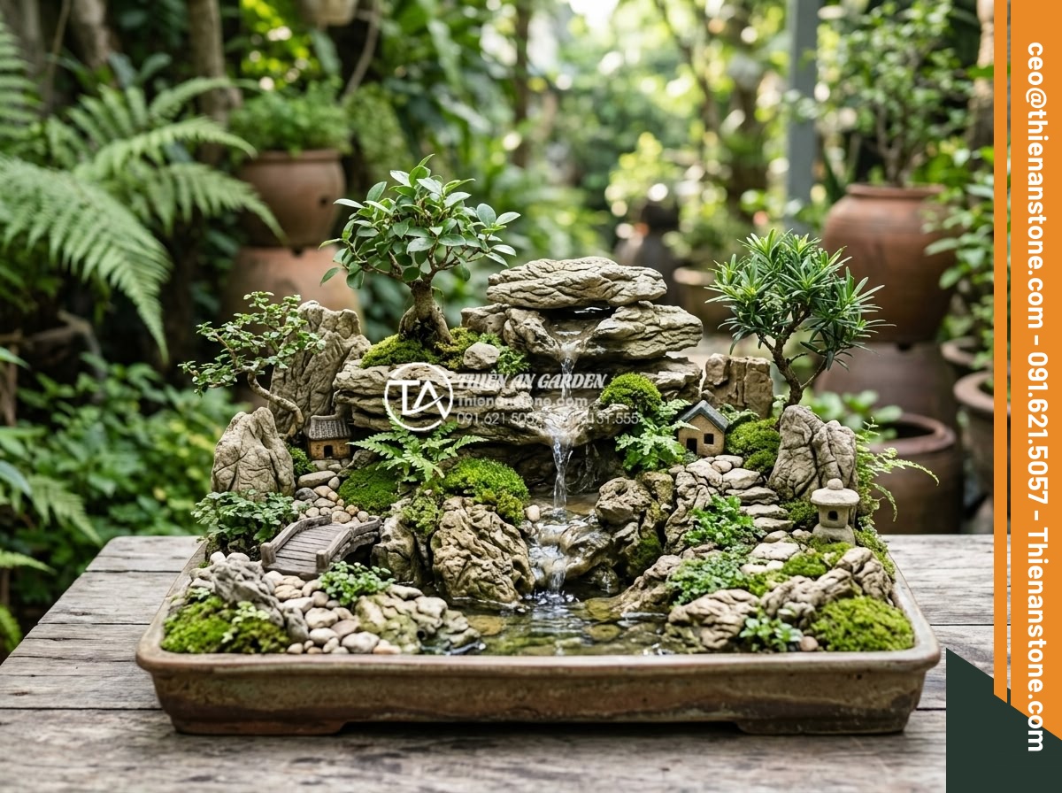 Hướng dẫn tự làm tiểu cảnh sân vườn đơn giản tại nhà - Hình 1 Hướng dẫn tự làm tiểu cảnh sân vườn đơn giản tại nhà - Close-up photograph of a completed simple home garden miniature scene featuring