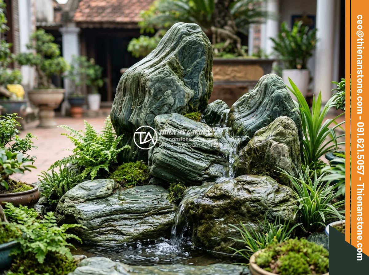 Hướng dẫn tự làm tiểu cảnh sân vườn đơn giản tại nhà - Hình 12 Hướng dẫn tự làm tiểu cảnh sân vườn đơn giản tại nhà - Finished miniature water feature with flowing water over carved stones and surro