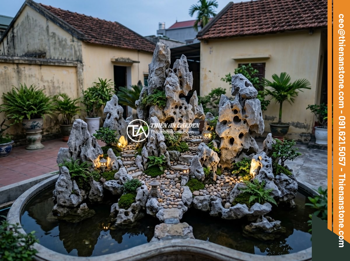 Hướng dẫn tự làm tiểu cảnh sân vườn đơn giản tại nhà - Hình 2 Hướng dẫn tự làm tiểu cảnh sân vườn đơn giản tại nhà - Wide angle view of a Vietnamese family backyard transformed into a simple stone
