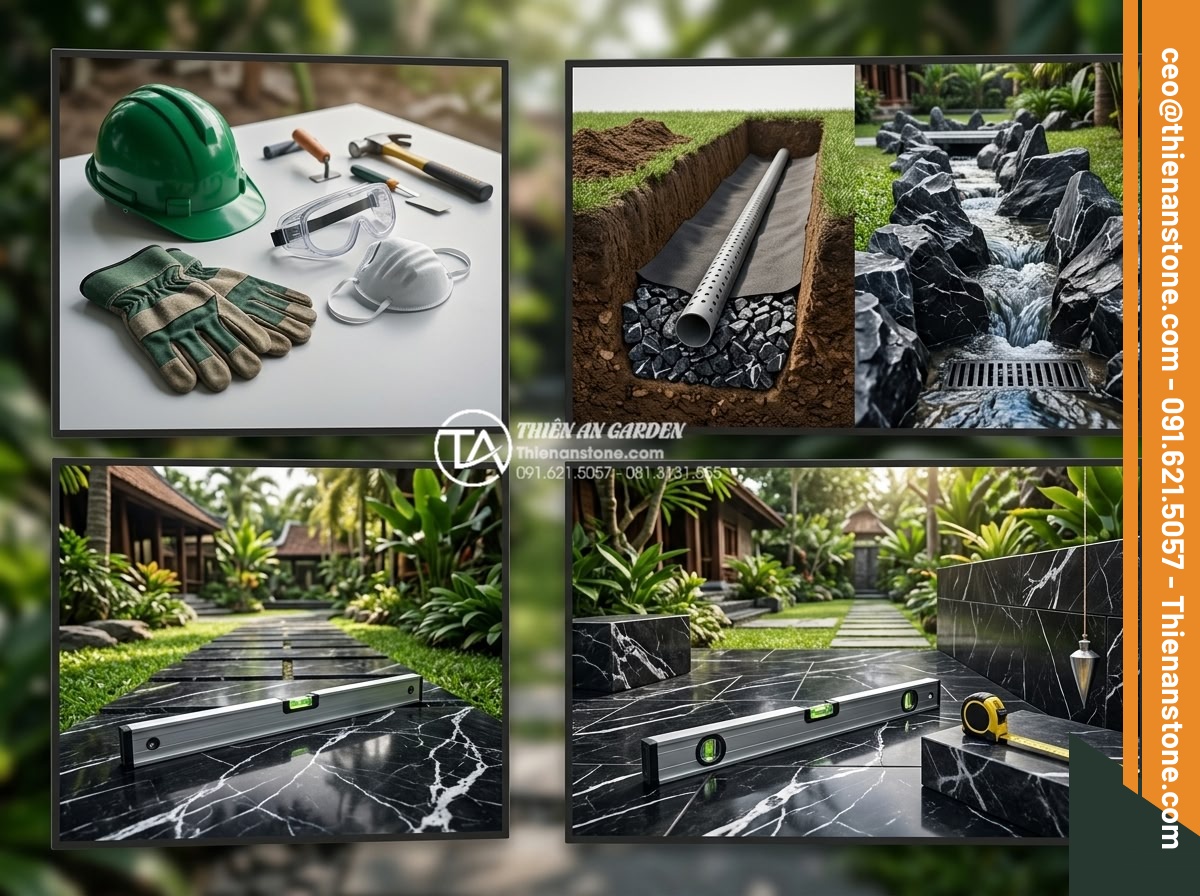 Hướng dẫn tự làm tiểu cảnh sân vườn đơn giản tại nhà - Hình 8 Hướng dẫn tự làm tiểu cảnh sân vườn đơn giản tại nhà - Professional tips infographic style showing safety gear, drainage solutions, and