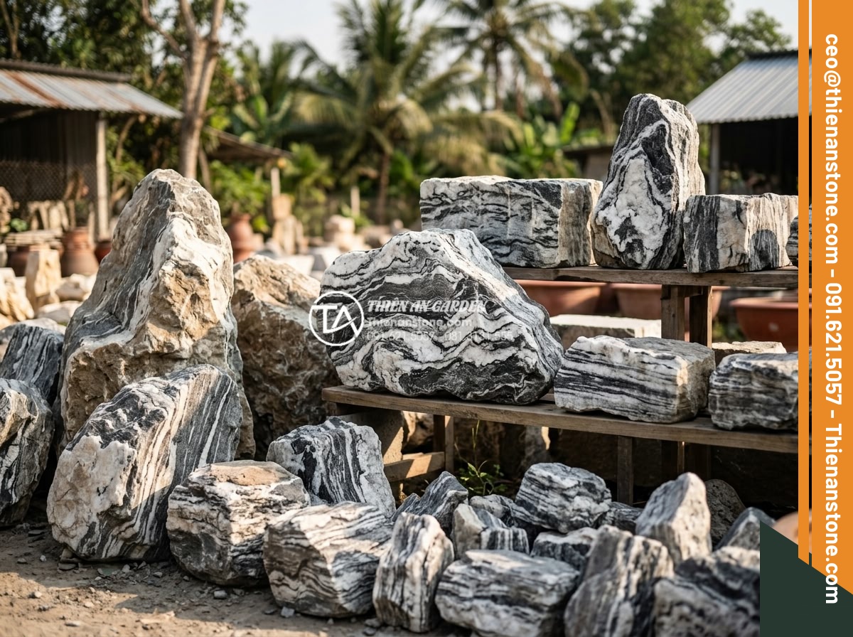 Hướng dẫn tự làm tiểu cảnh sân vườn đơn giản tại nhà - Hình 4 Hướng dẫn tự làm tiểu cảnh sân vườn đơn giản tại nhà - High-resolution image of various types of decorative natural stones including pe