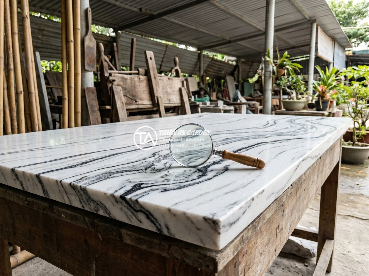 Kinh nghiệm chọn đá tuyết sơn làm tiểu cảnh gầm cầu thang - Professional inspection photo of a craftsman examining premium snow stone qualit