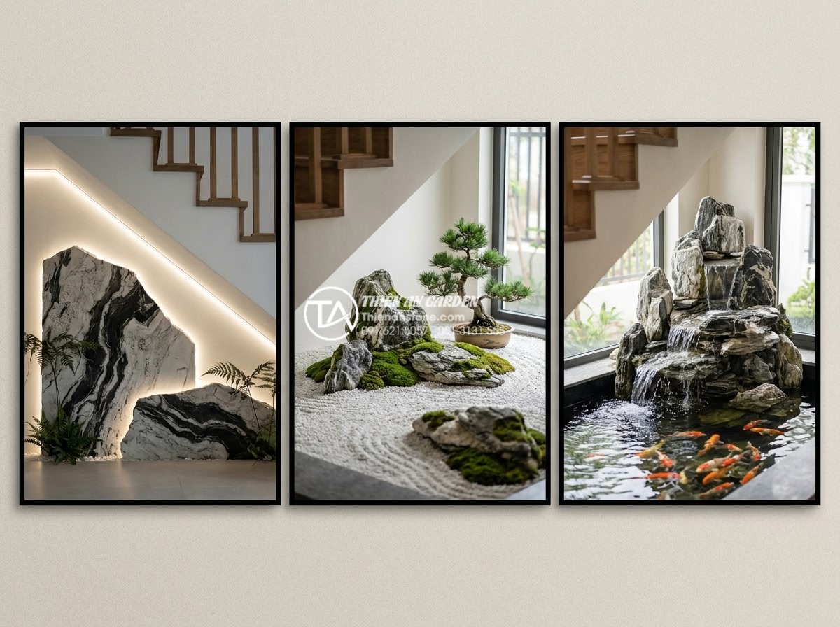 Kinh nghiệm chọn đá tuyết sơn làm tiểu cảnh gầm cầu thang - Elegant photo collage of three different under-stair snow stone landscape styles