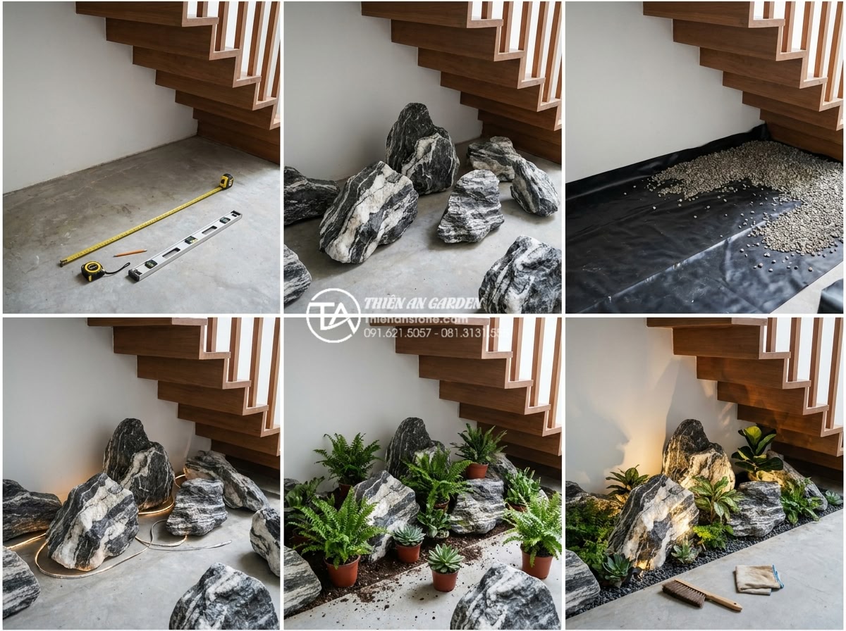 Kinh nghiệm chọn đá tuyết sơn làm tiểu cảnh gầm cầu thang - Step-by-step construction process photo series of under-stair snow stone landsca