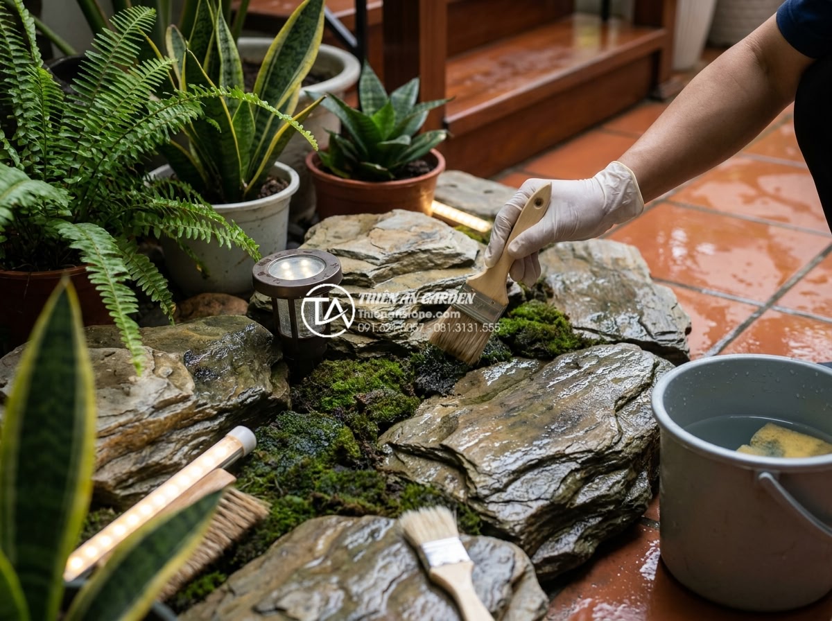 Kinh nghiệm chọn đá tuyết sơn làm tiểu cảnh gầm cầu thang - Maintenance guide visual showing a technician gently cleaning white snow stones 