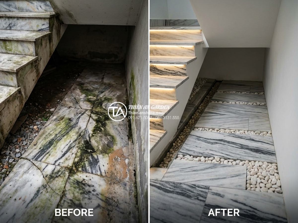 Kinh nghiệm chọn đá tuyết sơn làm tiểu cảnh gầm cầu thang - Before-and-after comparison image of a poorly executed under-stair stone project