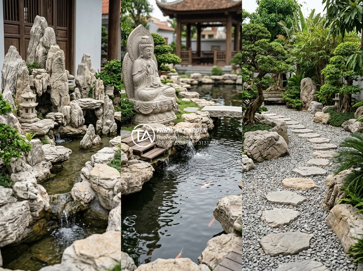 Kinh nghiệm chọn đơn vị thi công tiểu cảnh sân vườn uy tín tại Việt Nam - Hình 2 Kinh nghiệm chọn đơn vị thi công tiểu cảnh sân vườn uy tín tại Việt Nam - Diverse portfolio of completed Vietnamese garden landscapes showcasing various s