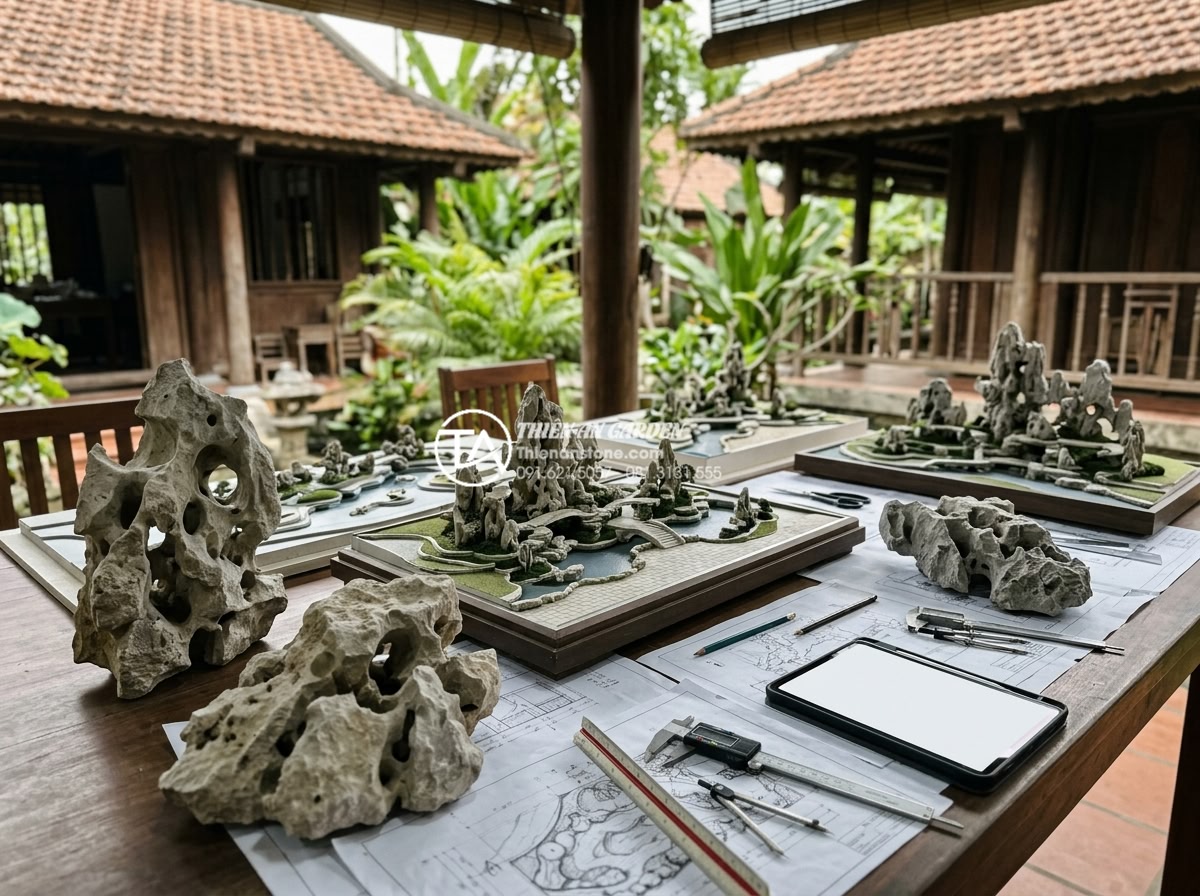 Kinh nghiệm chọn đơn vị thi công tiểu cảnh sân vườn uy tín tại Việt Nam - Hình 6 Kinh nghiệm chọn đơn vị thi công tiểu cảnh sân vườn uy tín tại Việt Nam - Team of professional landscape architects and stone craftsmen discussing designs
