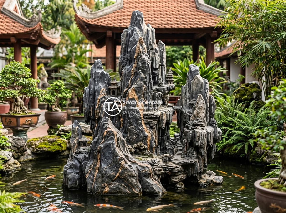 Kinh nghiệm chọn đơn vị thi công tiểu cảnh sân vườn uy tín tại Việt Nam - Hình 7 Kinh nghiệm chọn đơn vị thi công tiểu cảnh sân vườn uy tín tại Việt Nam - Intricate hand-carved natural stone sculptures and artistic rock formations used