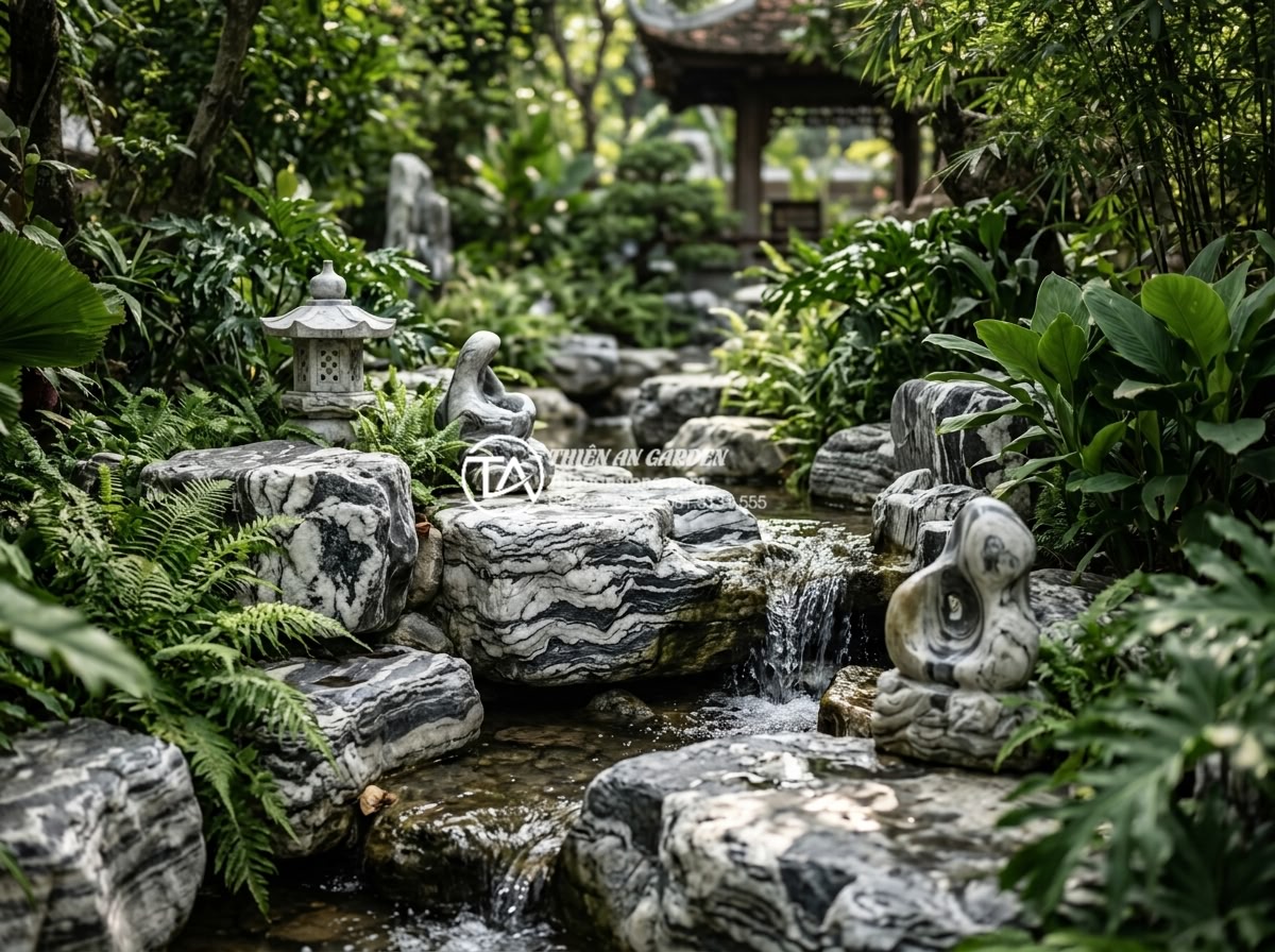 Kinh nghiệm chọn đơn vị thi công tiểu cảnh sân vườn uy tín tại Việt Nam - Hình 3 Kinh nghiệm chọn đơn vị thi công tiểu cảnh sân vườn uy tín tại Việt Nam - Premium natural stone materials including granite, marble, and carved artistic s
