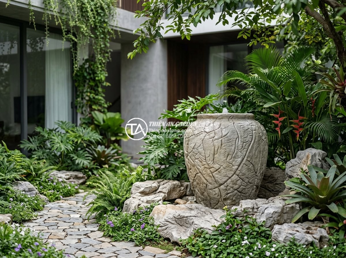 Mẫu tiểu cảnh lu đá góc sân vườn: Nét mộc mạc trong kiến trúc hiện đại - Modern villa garden corner featuring large natural stone water lu with surroundi
