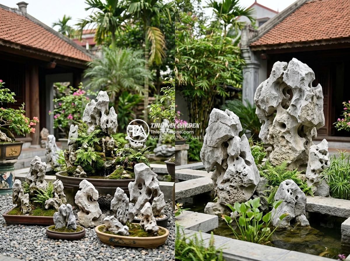 Mẫu tiểu cảnh lu đá góc sân vườn: Nét mộc mạc trong kiến trúc hiện đại - Selection guide image showing various natural stone lu options for garden water 