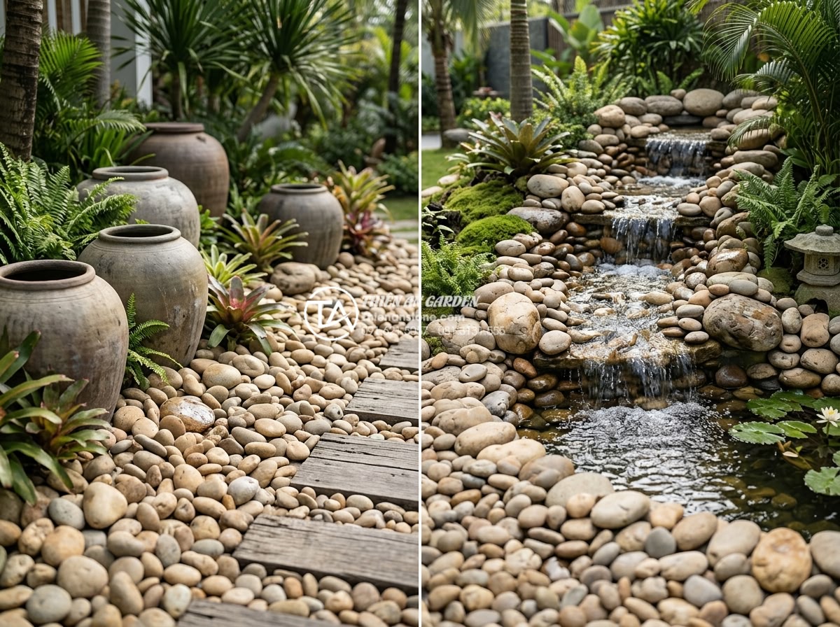 Mẫu tiểu cảnh lu đá góc sân vườn: Nét mộc mạc trong kiến trúc hiện đại - Side-by-side comparison photo of lu stone vs waterfall features in modern landsc