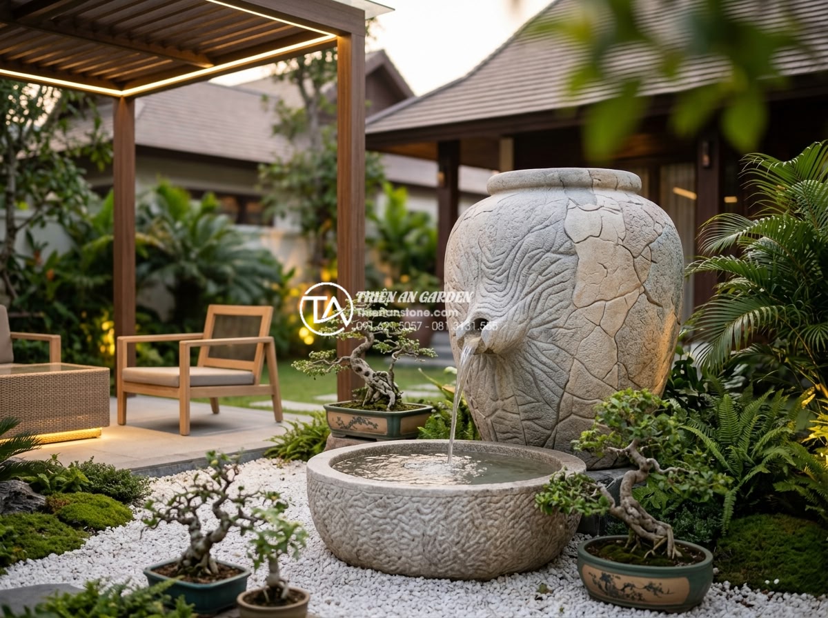 Mẫu tiểu cảnh lu đá góc sân vườn: Nét mộc mạc trong kiến trúc hiện đại - Elegant modern garden corner with large carved stone water lu, gentle flowing wa