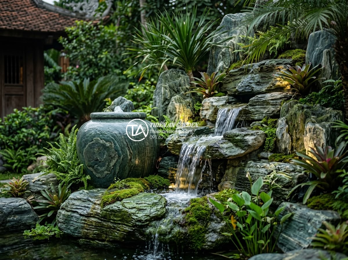 Mẫu tiểu cảnh lu đá góc sân vườn: Nét mộc mạc trong kiến trúc hiện đại - Luxurious stone lu with integrated mini waterfall in garden corner, natural rock