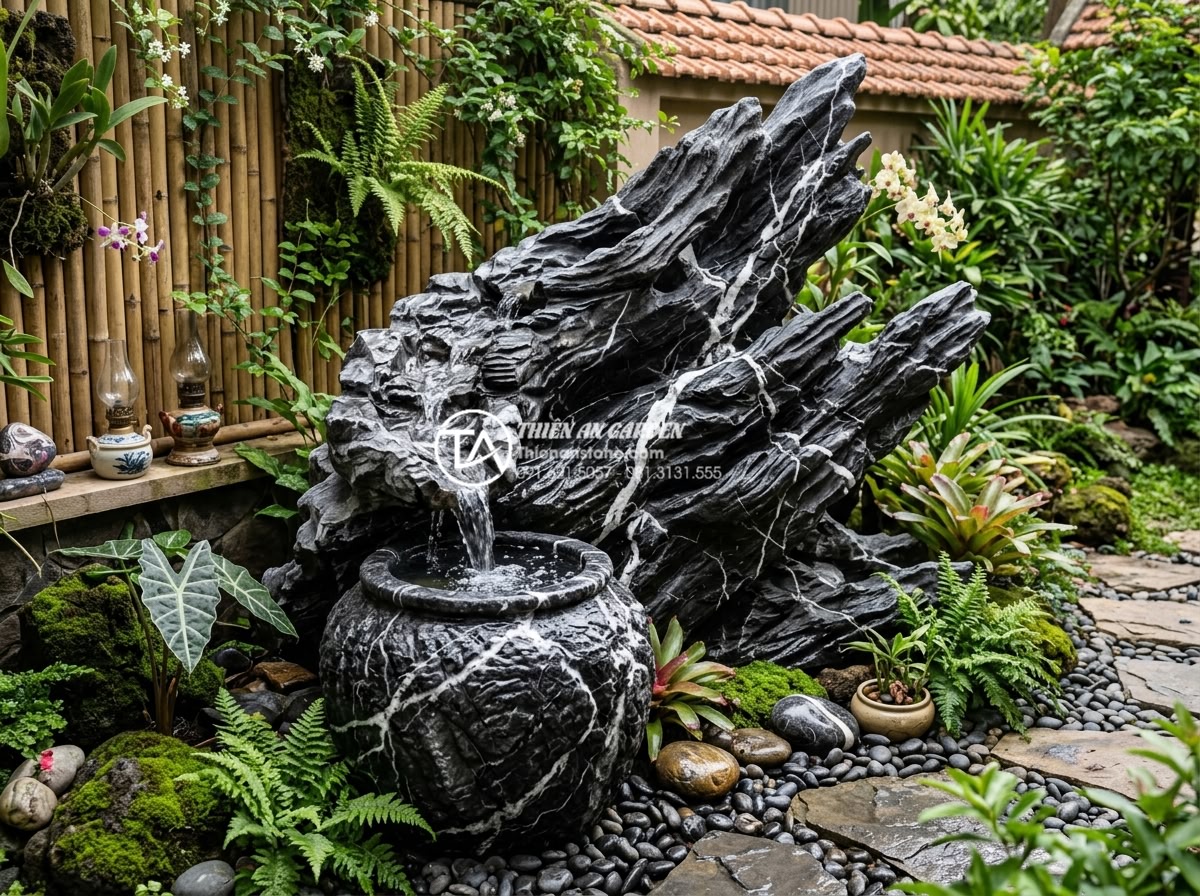 Mẫu tiểu cảnh lu đá góc sân vườn: Nét mộc mạc trong kiến trúc hiện đại - Detailed view of combined stone water jar and small waterfall feature in contemp
