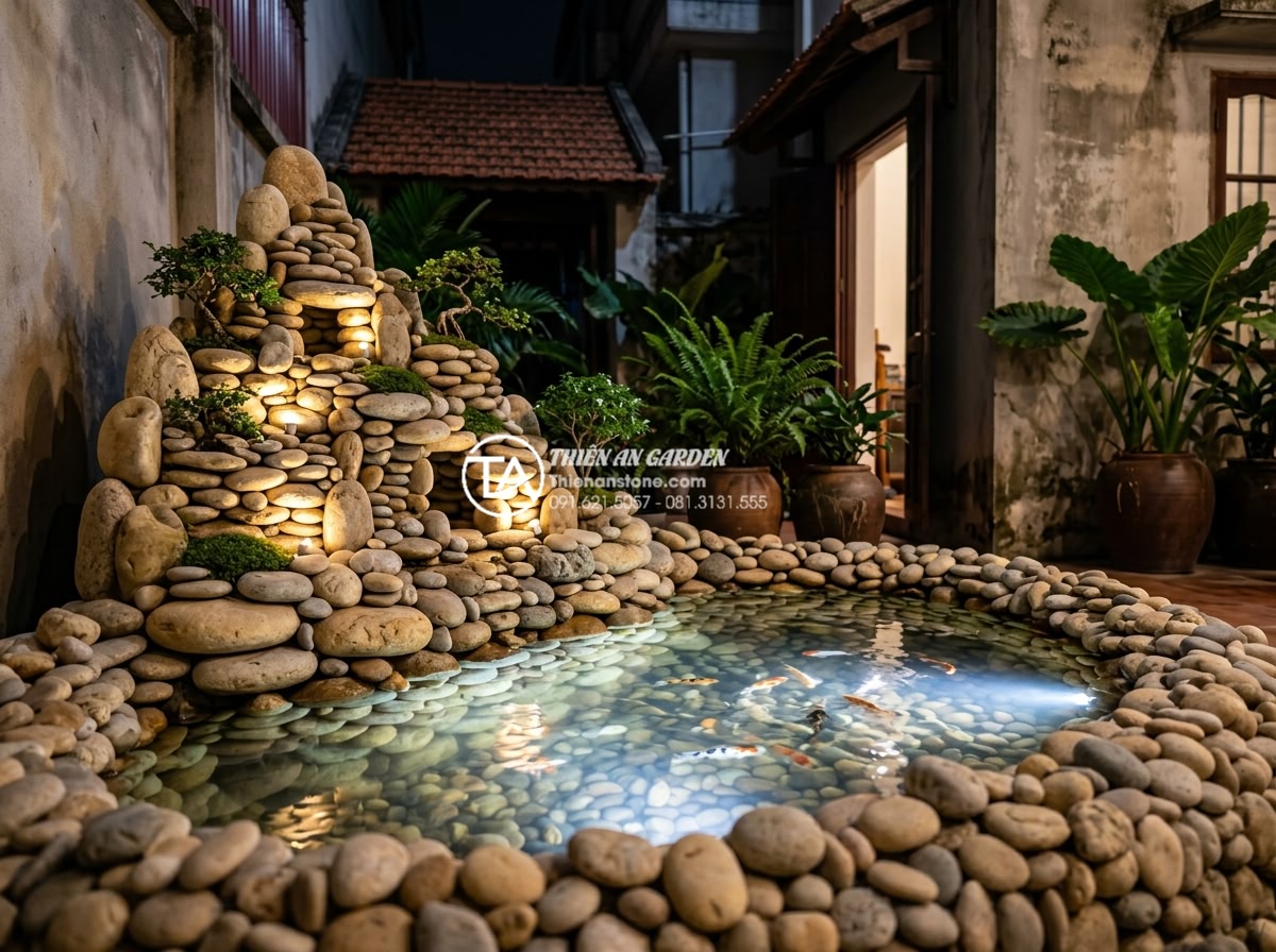 Mẫu tiểu cảnh sân vườn nhà phố diện tích hẹp vẫn đẹp mê hồn - Night view of illuminated stone non-bo and mini koi pond in compact urban backya