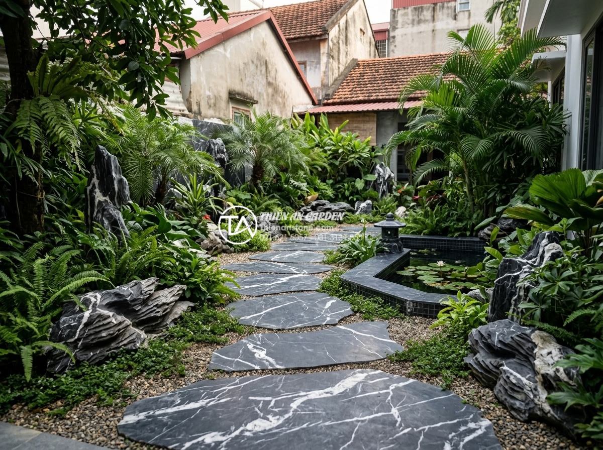 Mẫu tiểu cảnh sân vườn nhà phố diện tích hẹp vẫn đẹp mê hồn - Completed professional landscaping with all elements in place including stone pa