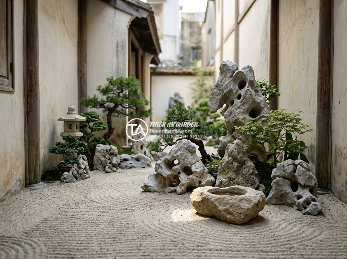 Mẫu tiểu cảnh sân vườn nhà phố diện tích hẹp vẫn đẹp mê hồn - Minimalist Zen-style small garden in narrow townhouse with white natural stones,
