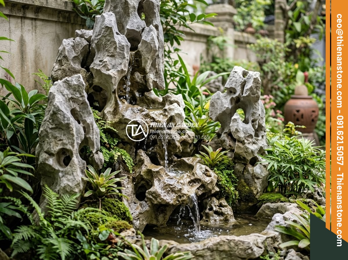 Nghệ thuật sắp đặt đá cảnh tạo điểm nhấn cho tiểu cảnh góc sân đẹp - Hình 11 Nghệ thuật sắp đặt đá cảnh tạo điểm nhấn cho tiểu cảnh góc sân đẹp - Natural stones integrated with flowing water feature creating a mini waterfall a